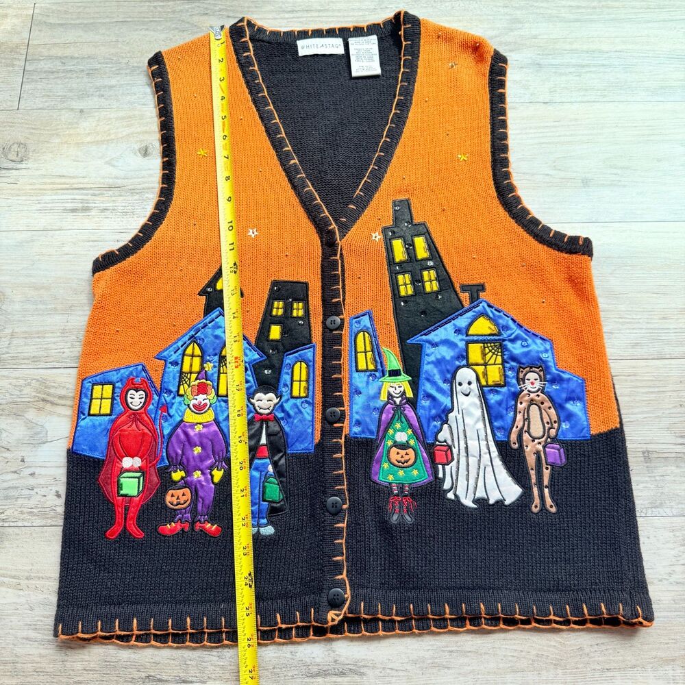 Vintage Halloween Sweater Vest Large Trick or Treat Haunted House 90s Kitschy - Picture 7 of 11